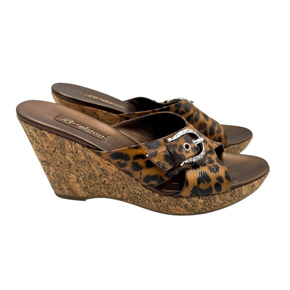 Brighton Summer Leopard Patent Leather Classic Buckle Cork Wedge Sandals - Picture 3 of 11